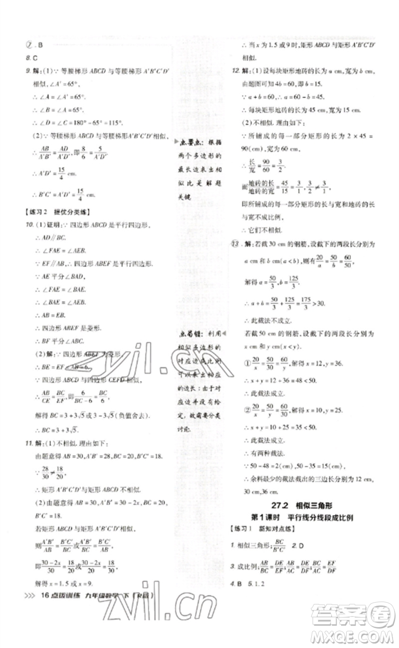 吉林教育出版社2023點撥訓(xùn)練九年級數(shù)學(xué)下冊人教版參考答案