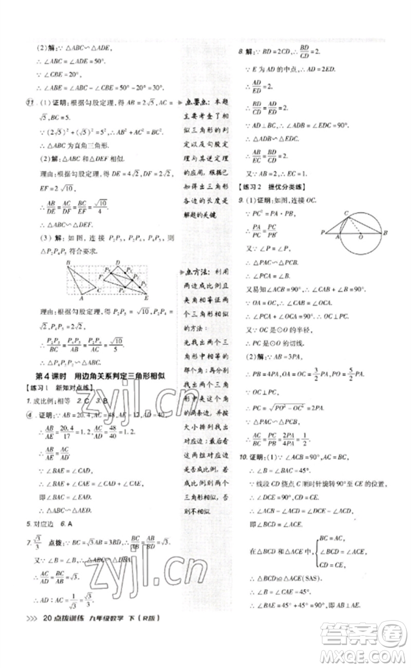 吉林教育出版社2023點撥訓(xùn)練九年級數(shù)學(xué)下冊人教版參考答案