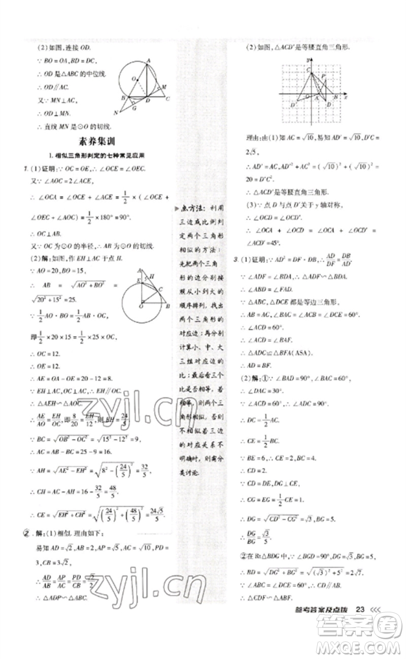 吉林教育出版社2023點撥訓(xùn)練九年級數(shù)學(xué)下冊人教版參考答案