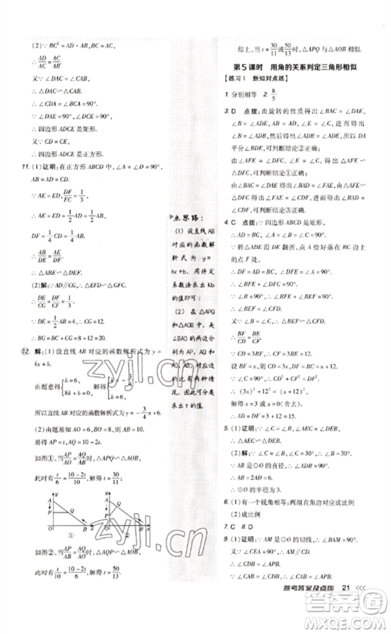 吉林教育出版社2023點撥訓(xùn)練九年級數(shù)學(xué)下冊人教版參考答案