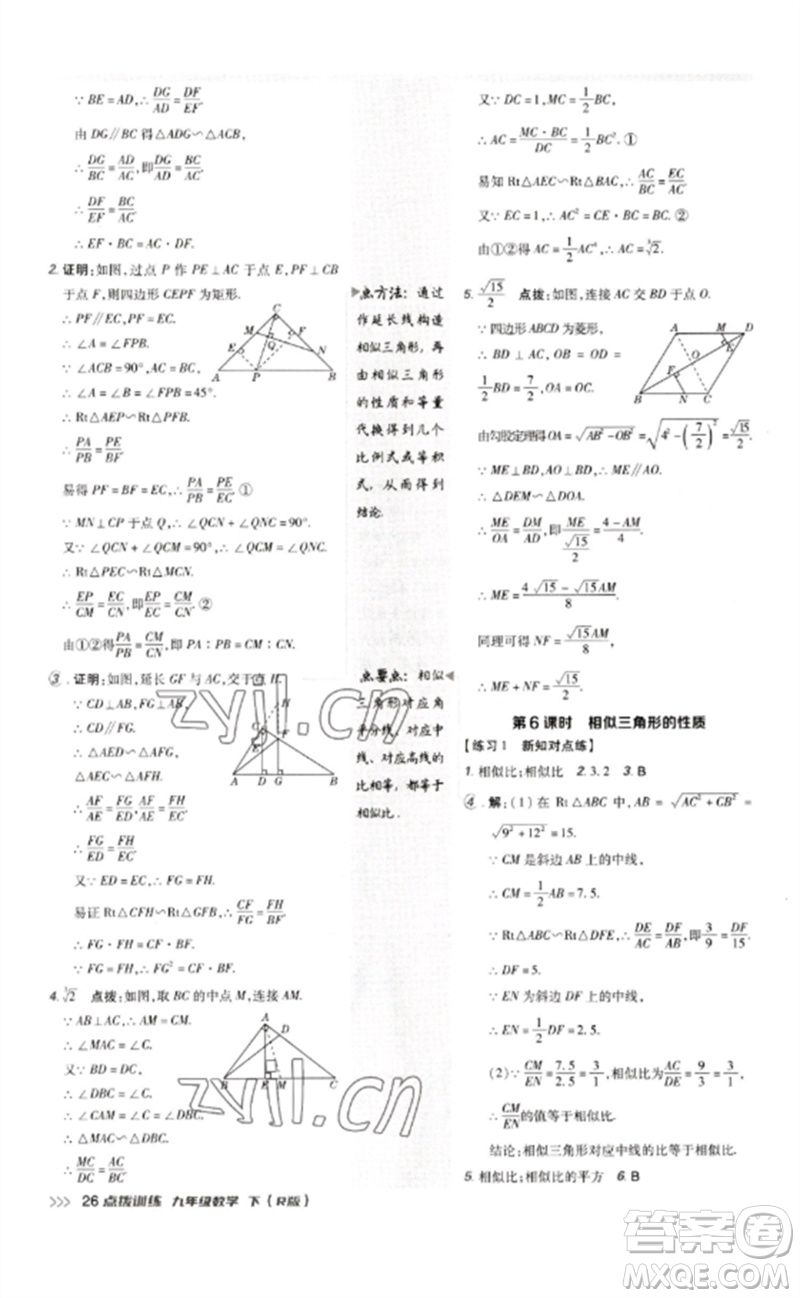 吉林教育出版社2023點撥訓(xùn)練九年級數(shù)學(xué)下冊人教版參考答案