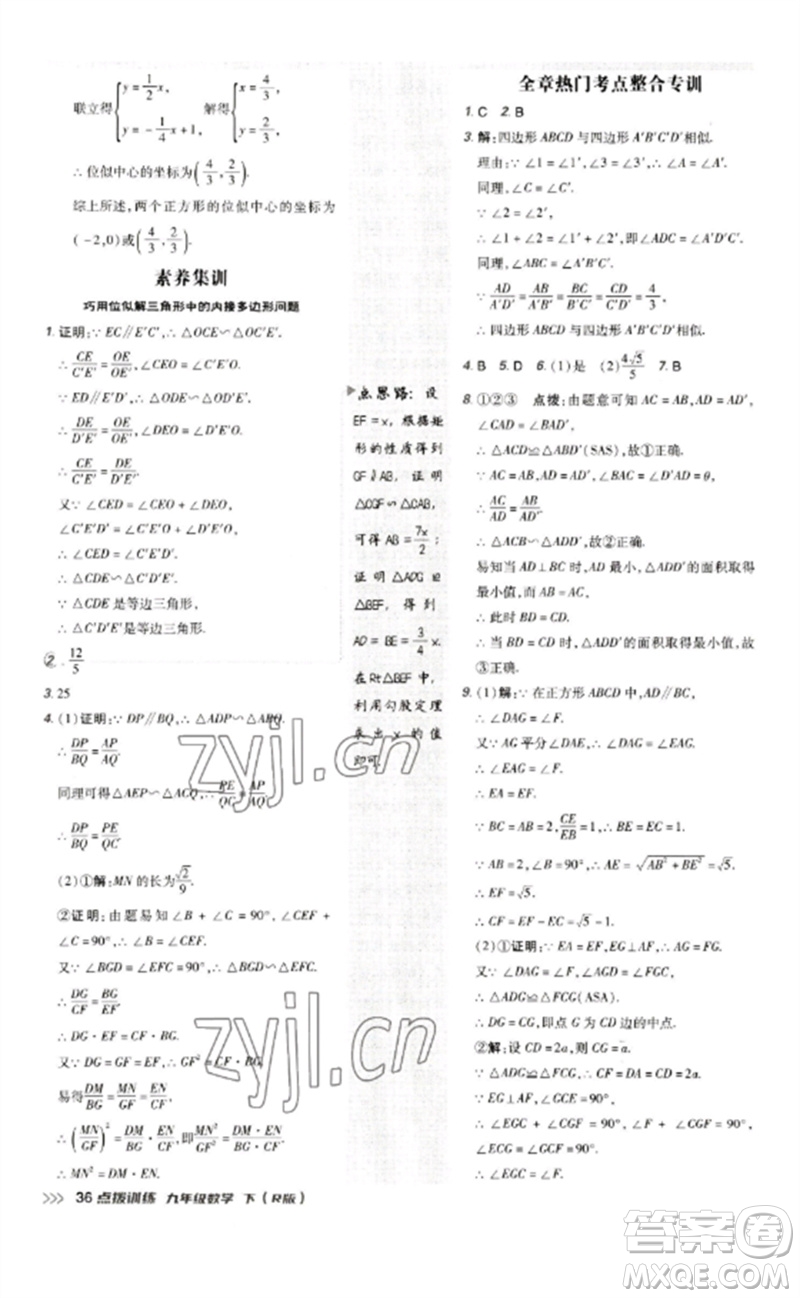 吉林教育出版社2023點撥訓(xùn)練九年級數(shù)學(xué)下冊人教版參考答案