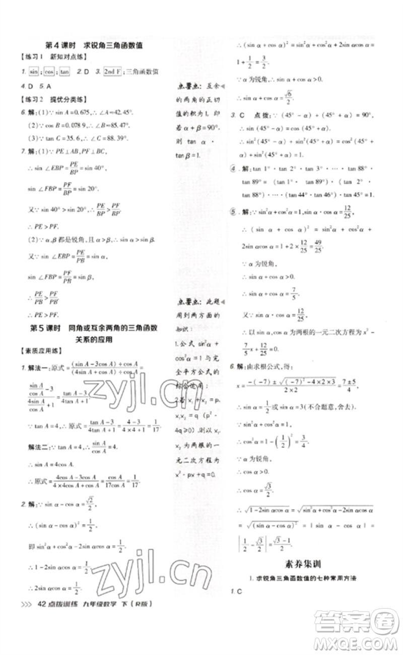 吉林教育出版社2023點撥訓(xùn)練九年級數(shù)學(xué)下冊人教版參考答案