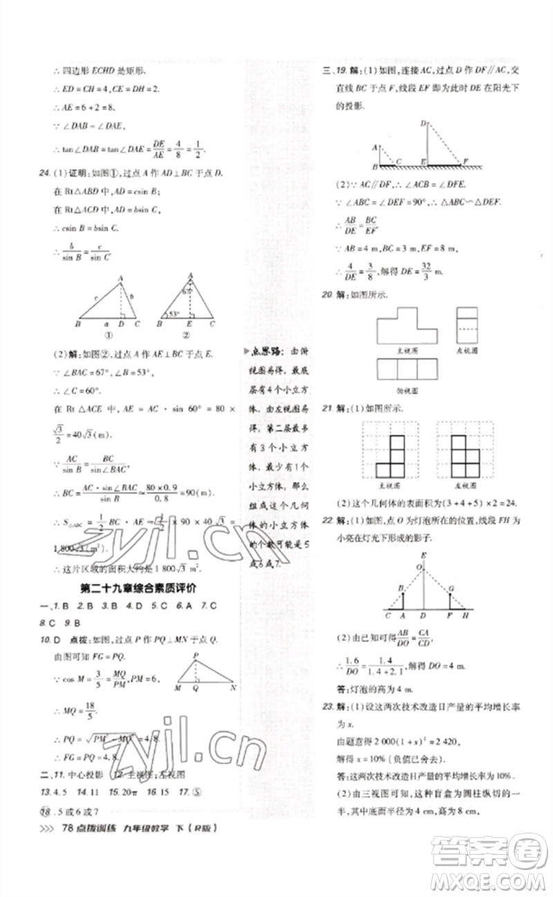 吉林教育出版社2023點撥訓(xùn)練九年級數(shù)學(xué)下冊人教版參考答案