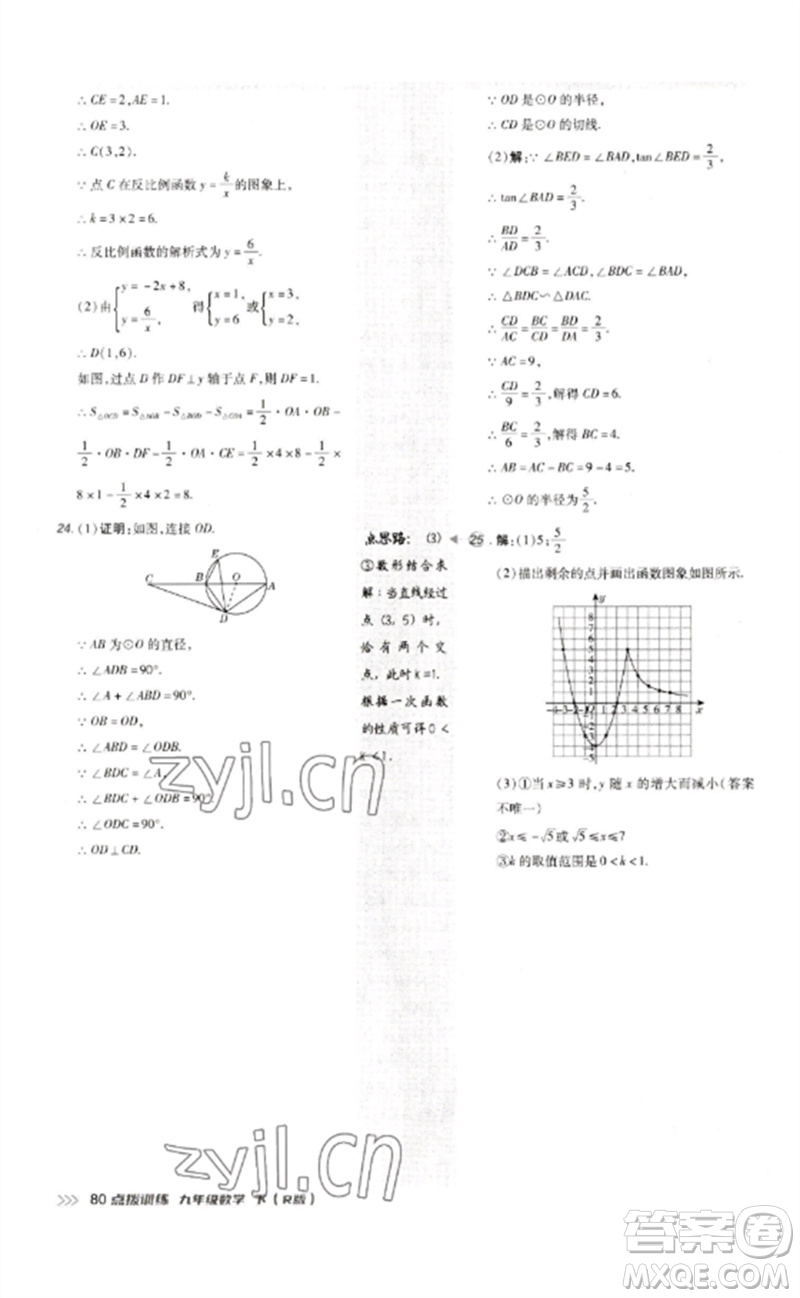 吉林教育出版社2023點撥訓(xùn)練九年級數(shù)學(xué)下冊人教版參考答案