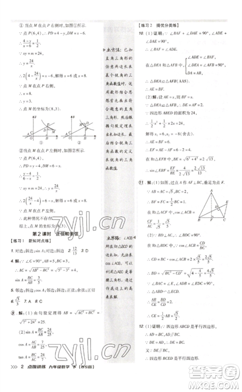 安徽教育出版社2023點撥訓練九年級數(shù)學下冊北師大版參考答案