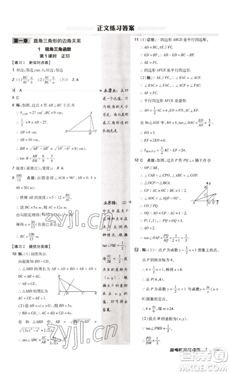 安徽教育出版社2023點撥訓練九年級數(shù)學下冊北師大版參考答案