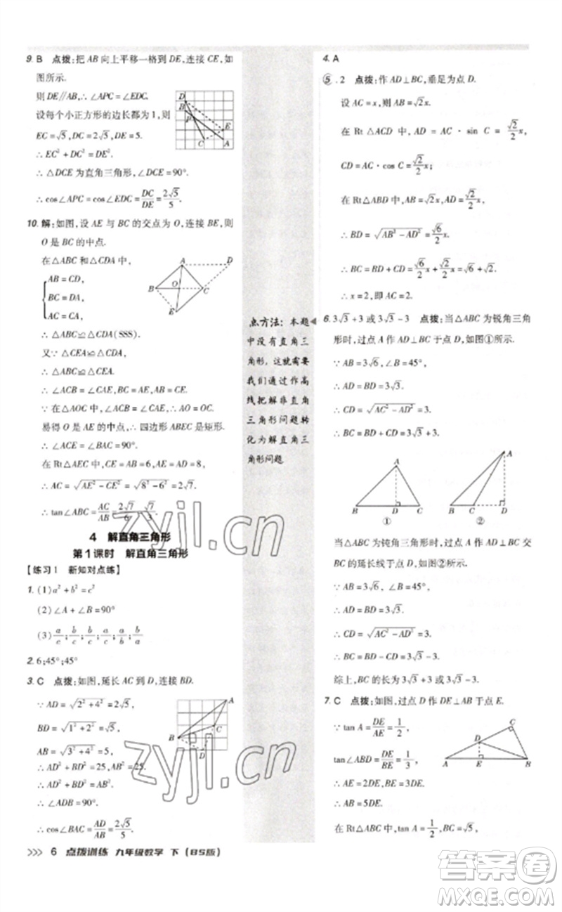 安徽教育出版社2023點撥訓練九年級數(shù)學下冊北師大版參考答案