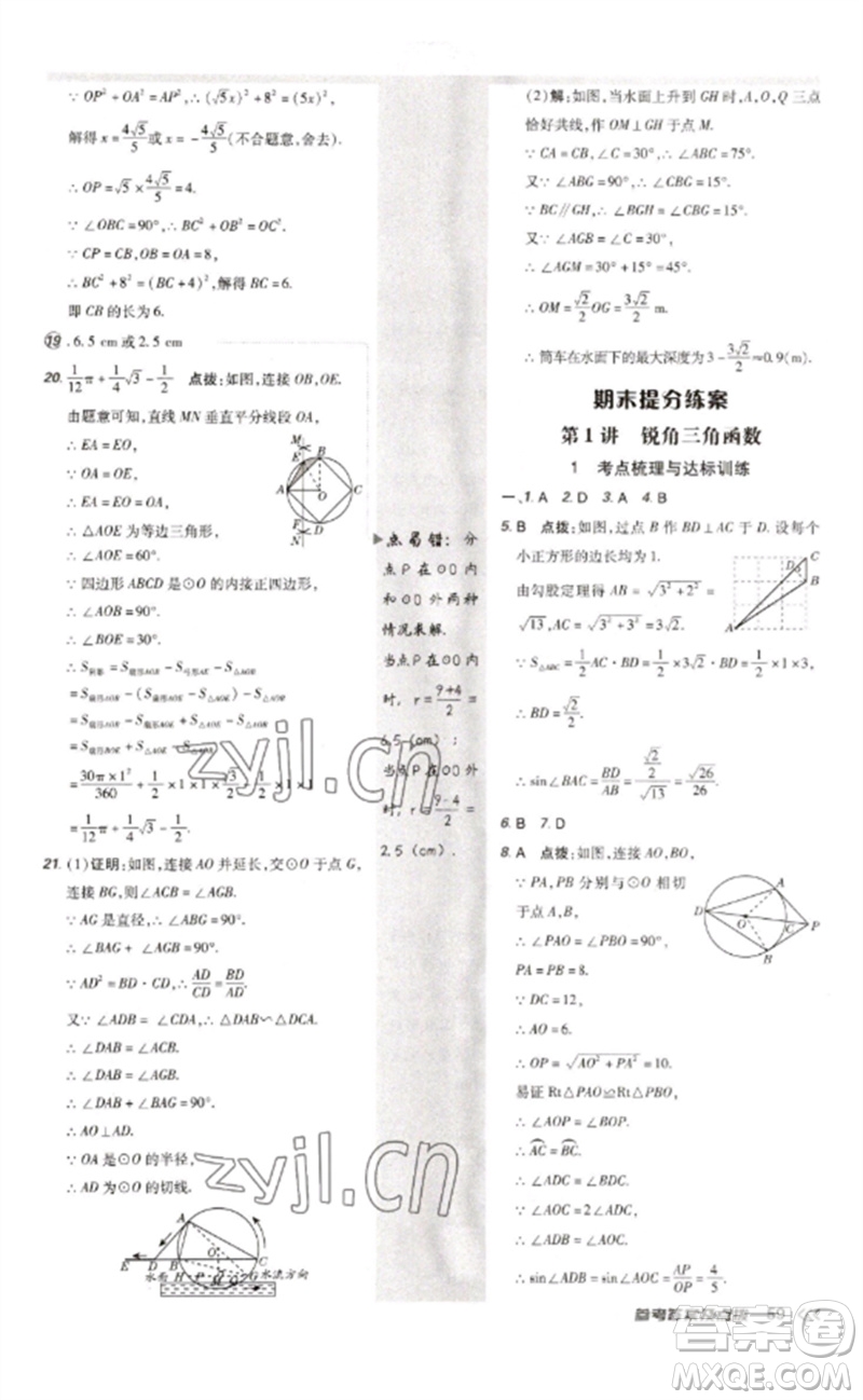 安徽教育出版社2023點撥訓練九年級數(shù)學下冊北師大版參考答案