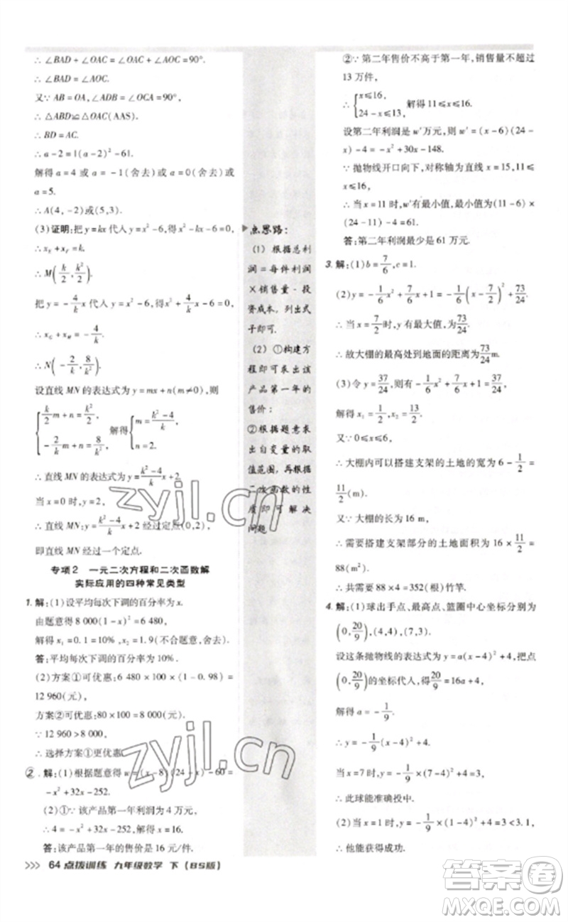 安徽教育出版社2023點撥訓練九年級數(shù)學下冊北師大版參考答案