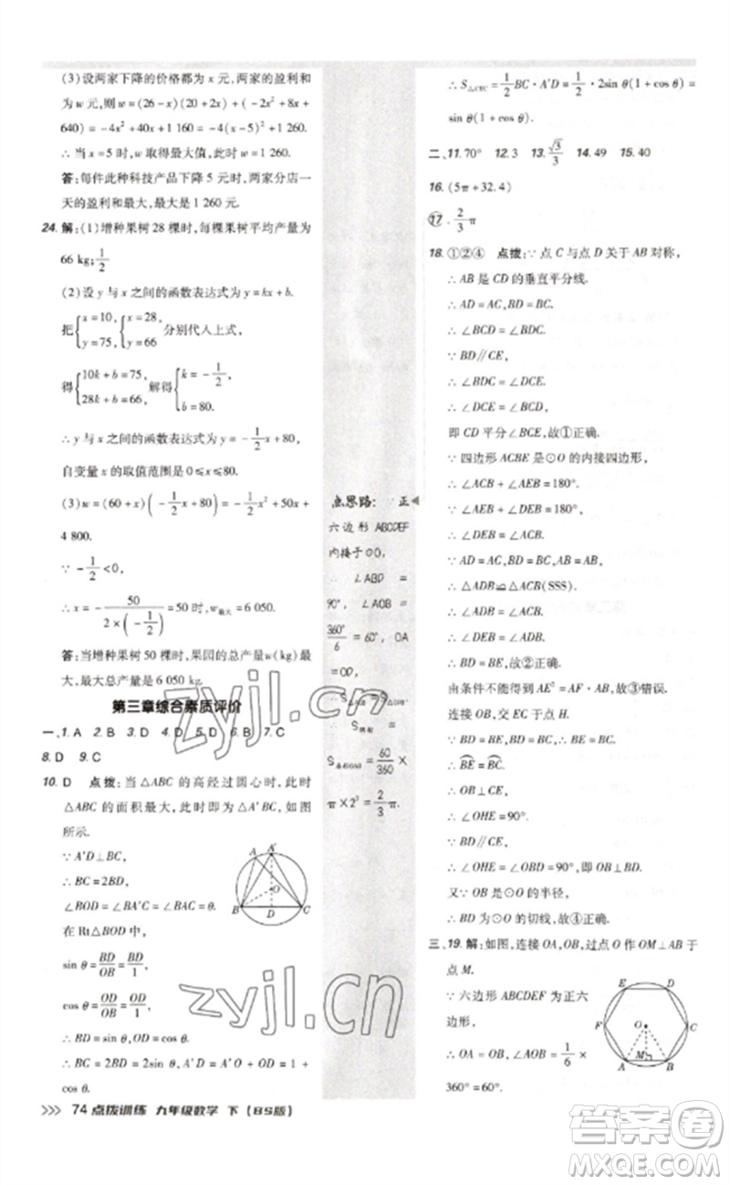 安徽教育出版社2023點撥訓練九年級數(shù)學下冊北師大版參考答案