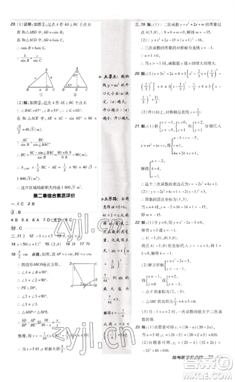 安徽教育出版社2023點撥訓練九年級數(shù)學下冊北師大版參考答案