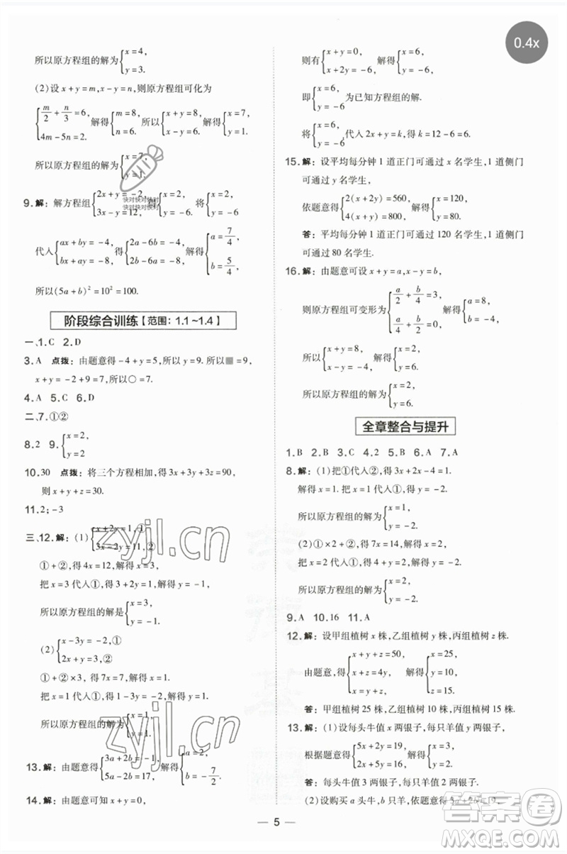 山西教育出版社2023點撥訓練七年級數(shù)學下冊湘教版參考答案