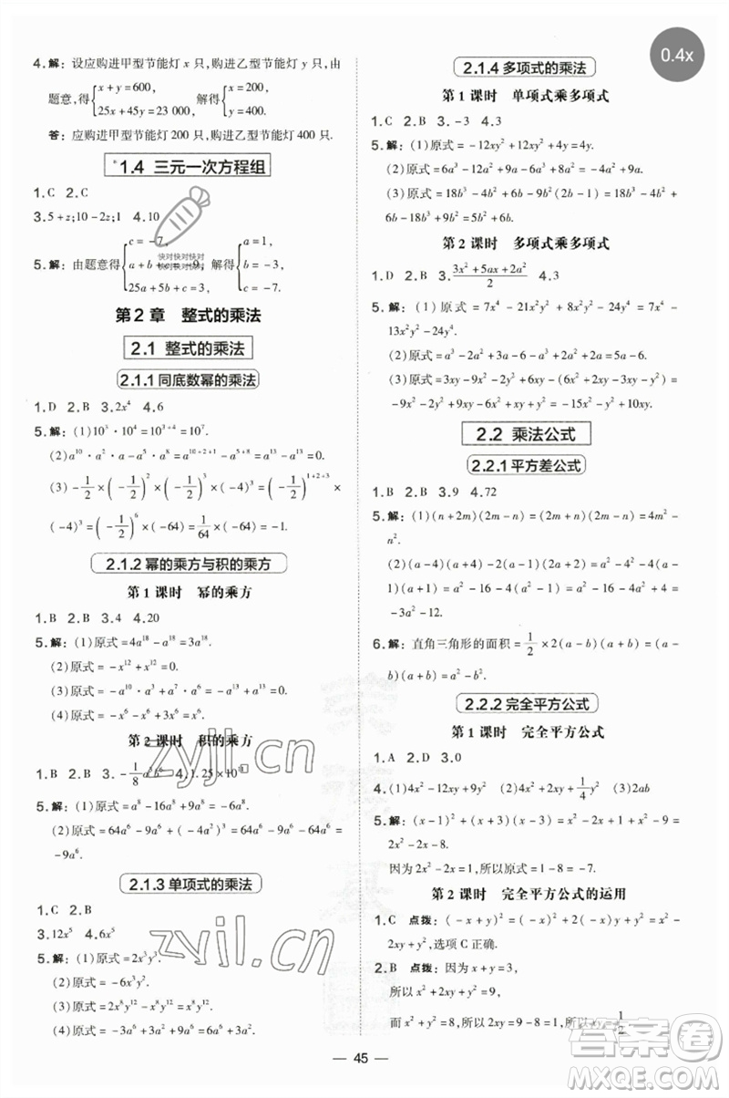 山西教育出版社2023點撥訓練七年級數(shù)學下冊湘教版參考答案