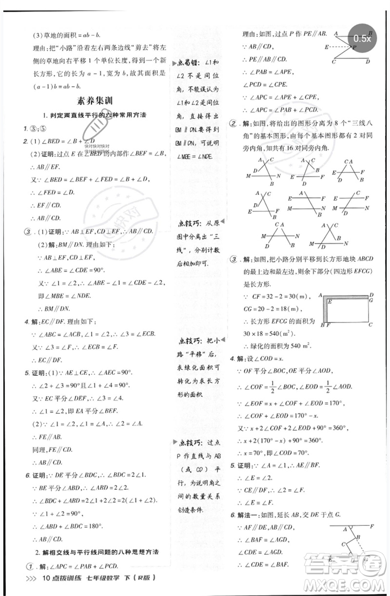 吉林教育出版社2023點撥訓練七年級數(shù)學下冊人教版參考答案