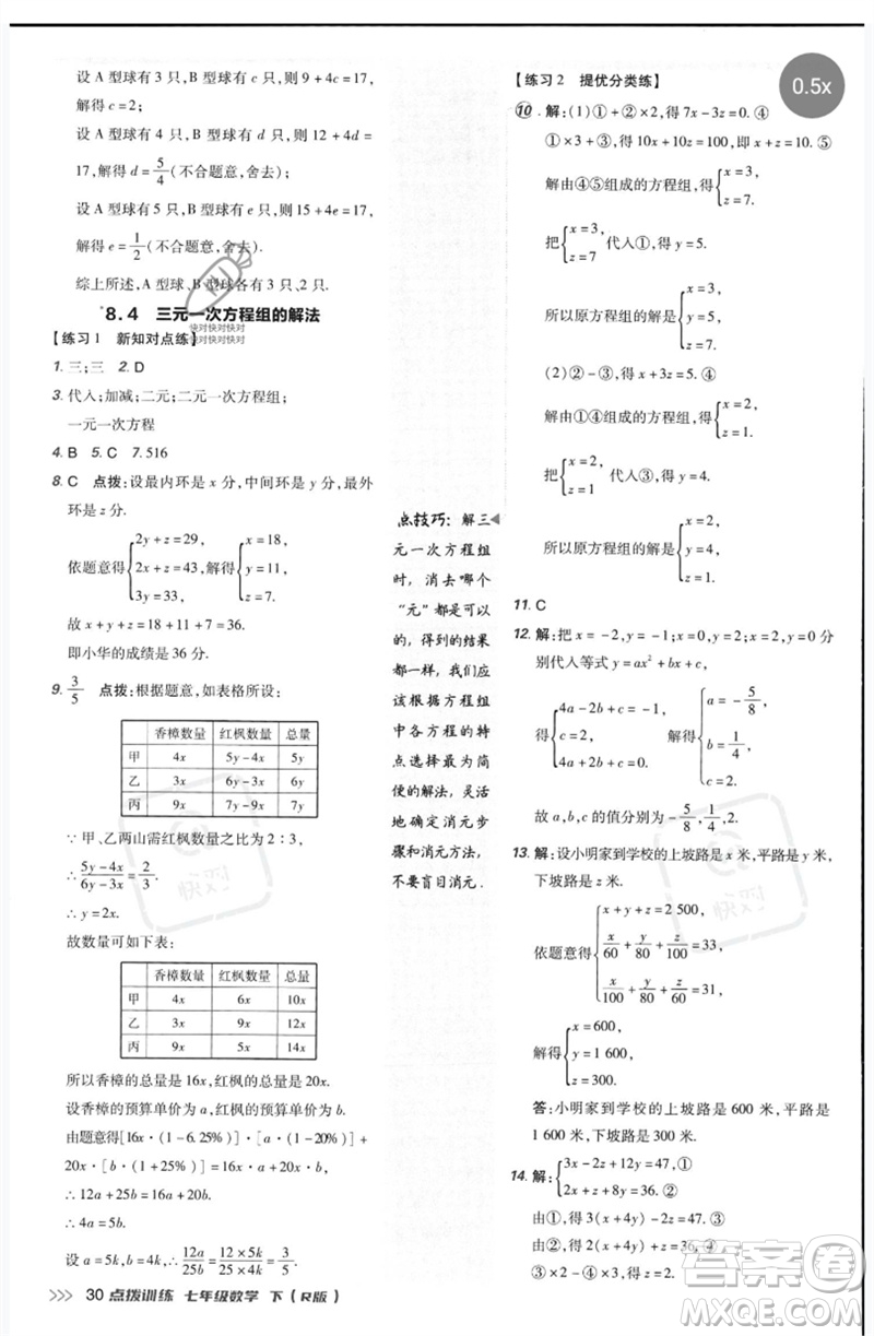 吉林教育出版社2023點撥訓練七年級數(shù)學下冊人教版參考答案