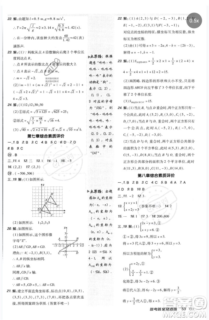 吉林教育出版社2023點撥訓練七年級數(shù)學下冊人教版參考答案