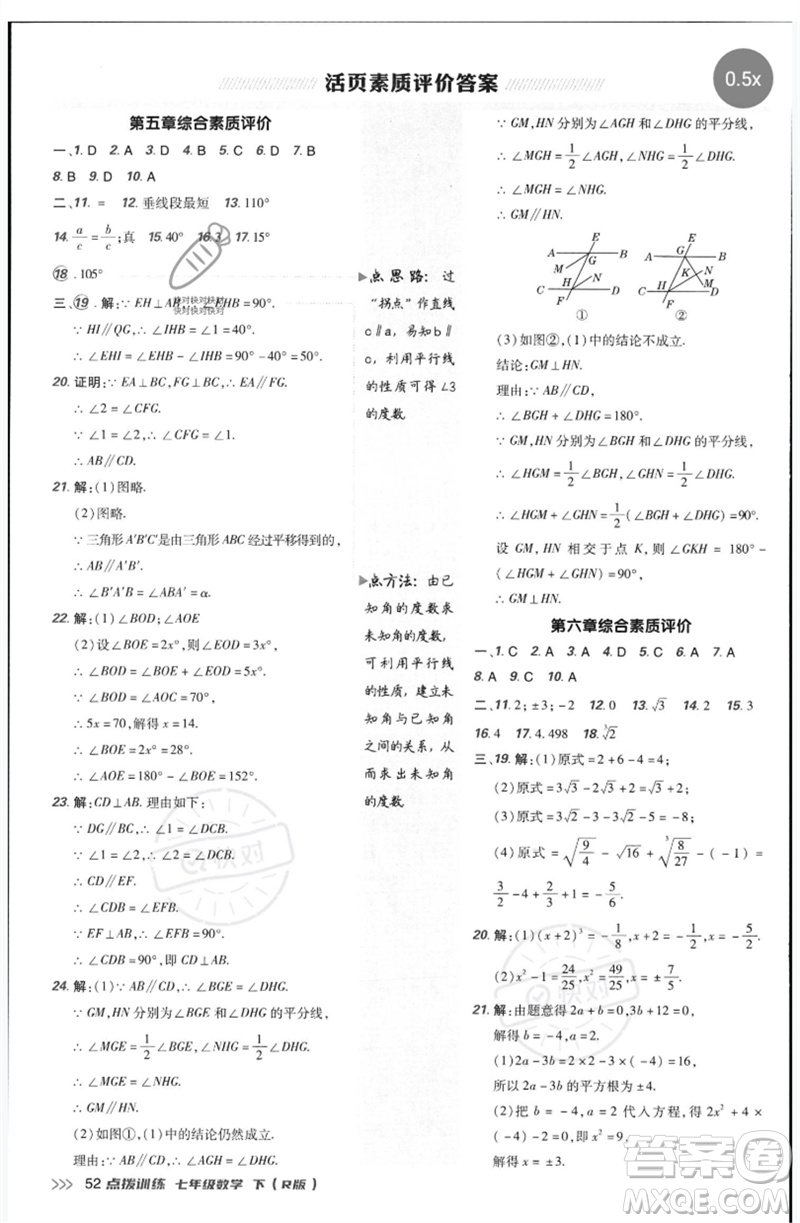 吉林教育出版社2023點撥訓練七年級數(shù)學下冊人教版參考答案