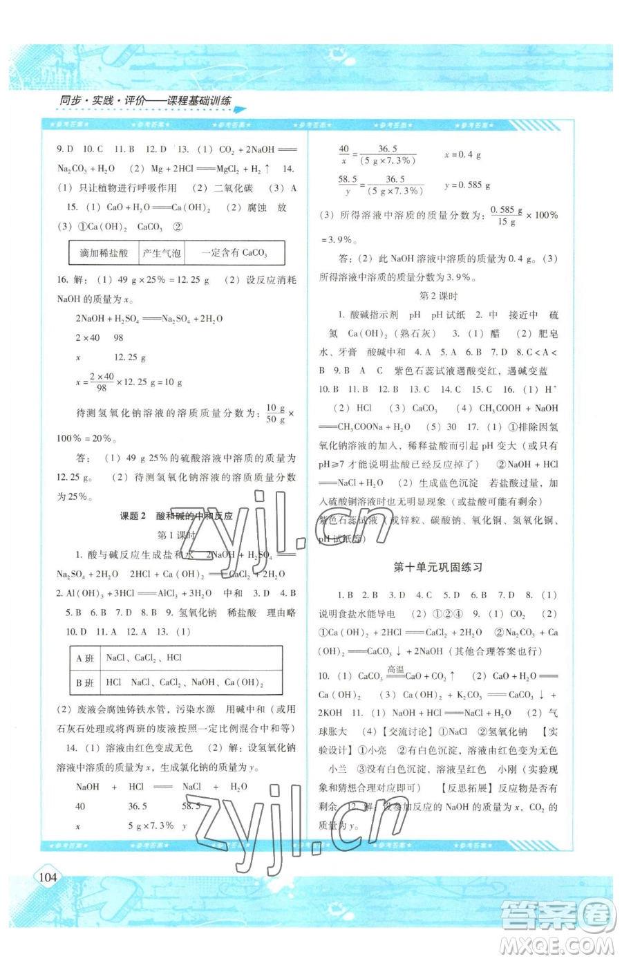 湖南少年兒童出版社2023同步實踐評價課程基礎(chǔ)訓練九年級下冊化學人教版參考答案