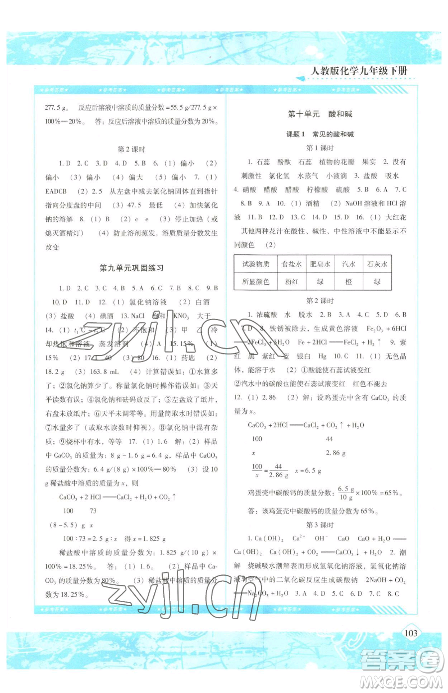 湖南少年兒童出版社2023同步實踐評價課程基礎(chǔ)訓練九年級下冊化學人教版參考答案