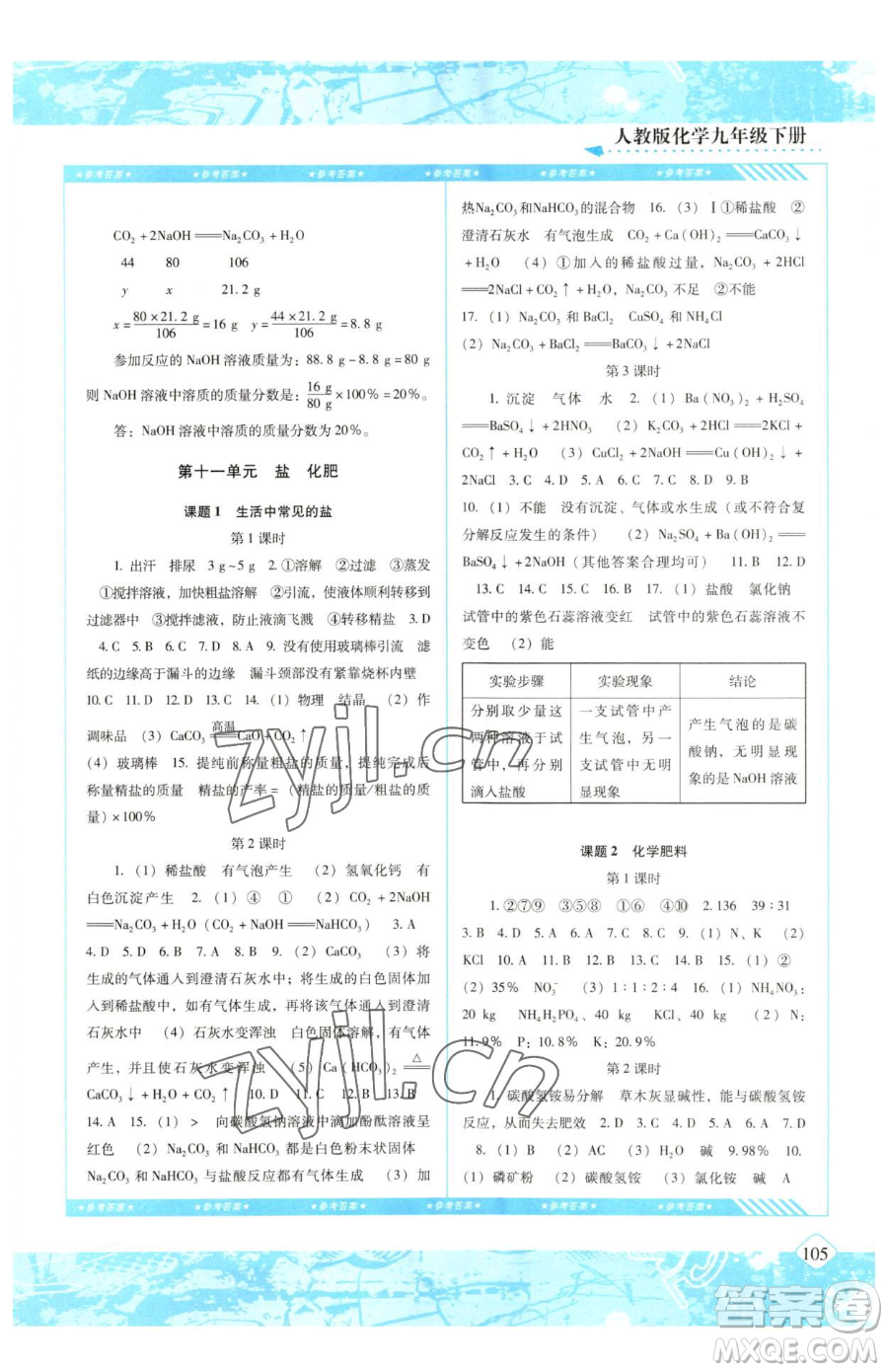 湖南少年兒童出版社2023同步實踐評價課程基礎(chǔ)訓練九年級下冊化學人教版參考答案