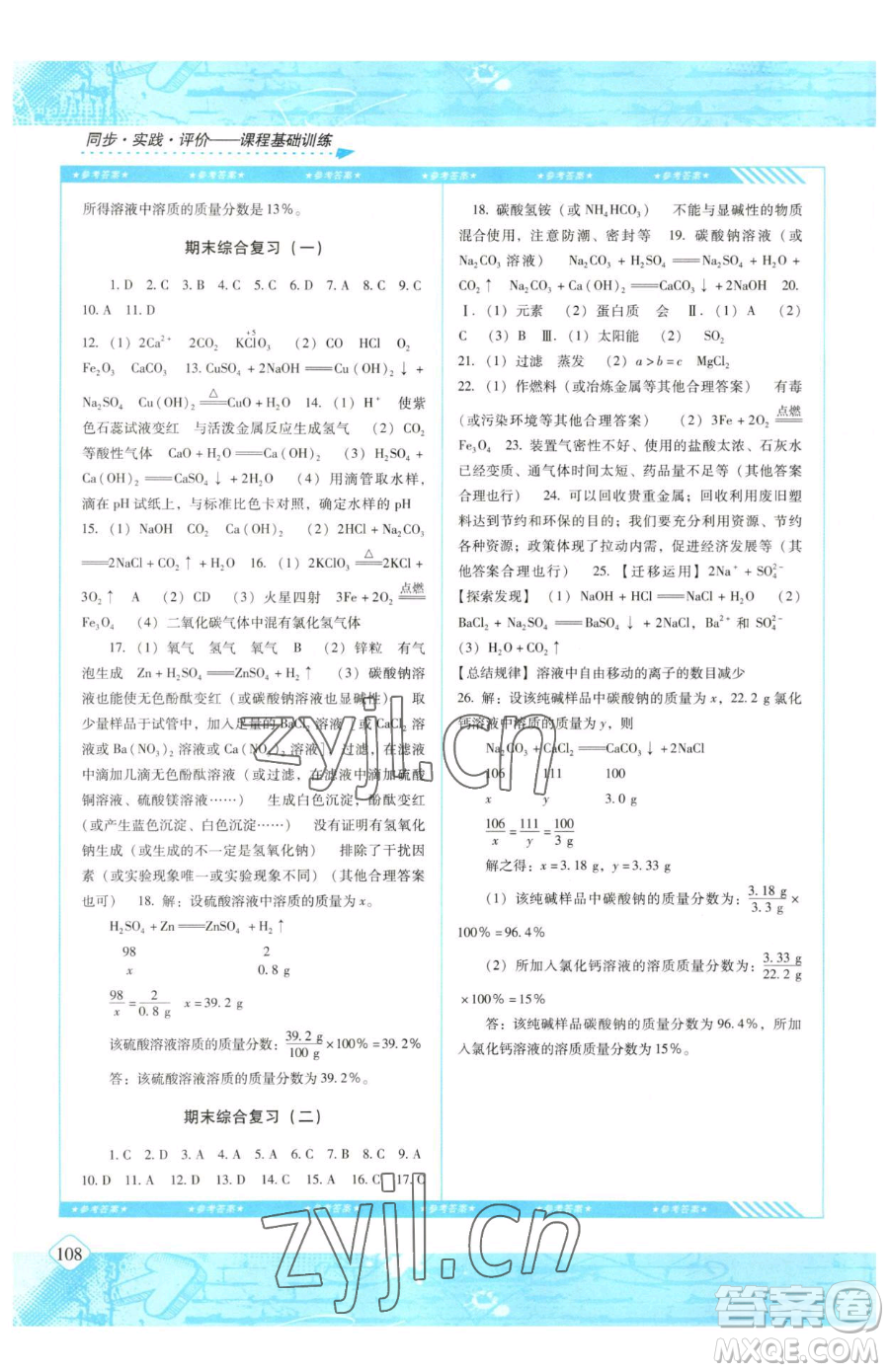 湖南少年兒童出版社2023同步實踐評價課程基礎(chǔ)訓練九年級下冊化學人教版參考答案