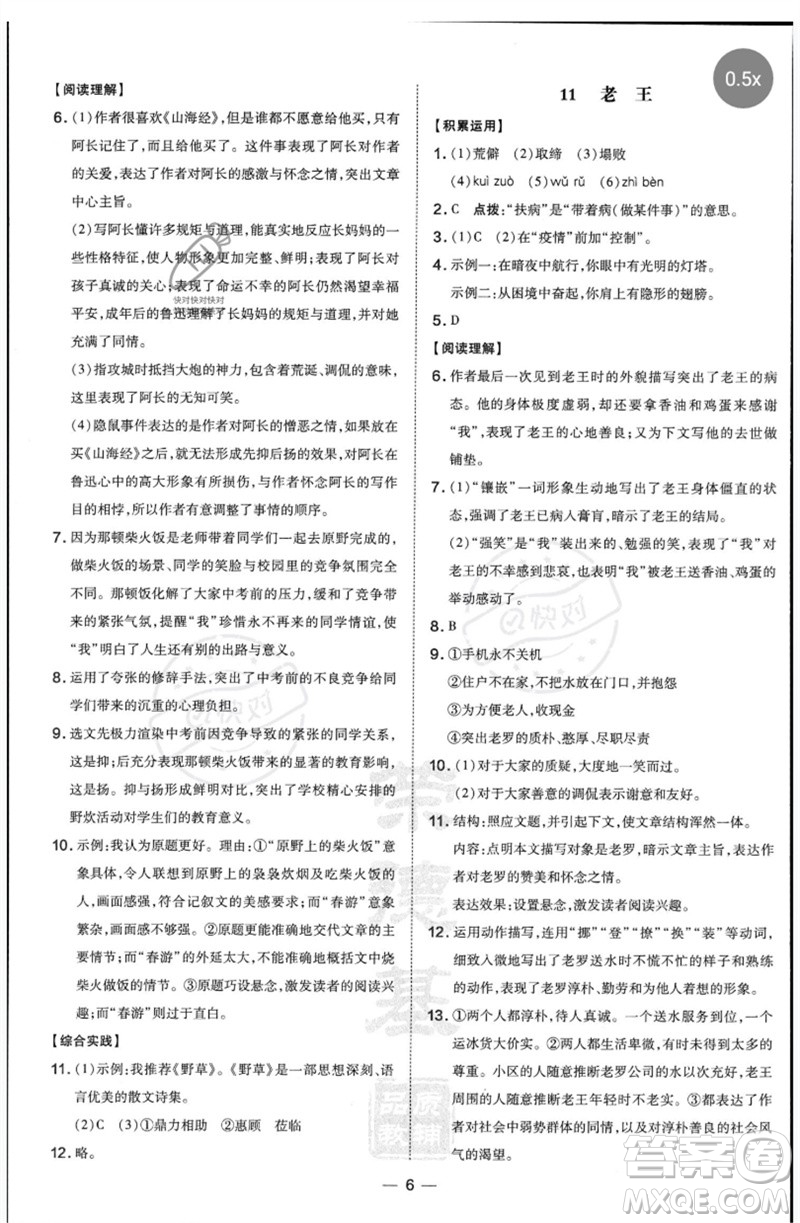 吉林教育出版社2023點撥訓練七年級語文下冊人教版參考答案