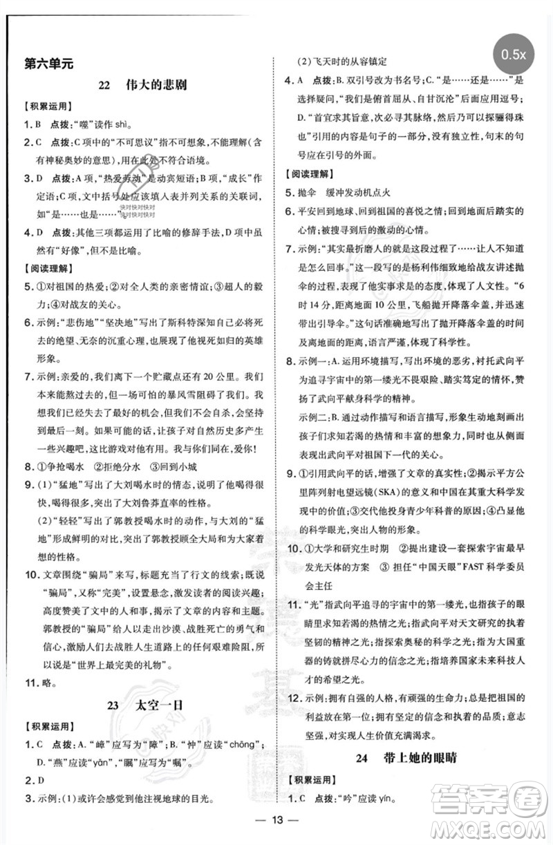 吉林教育出版社2023點撥訓練七年級語文下冊人教版參考答案