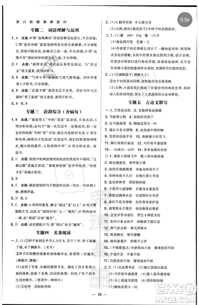 吉林教育出版社2023點撥訓練七年級語文下冊人教版參考答案