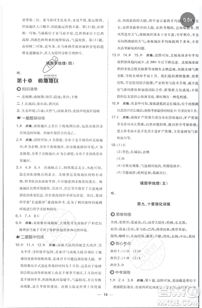 湖南地圖出版社2023點撥訓練七年級地理下冊人教版參考答案