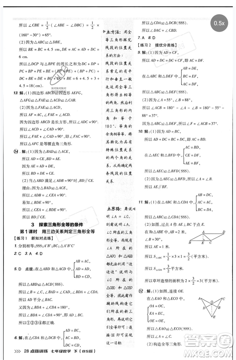 安徽教育出版社2023點撥訓(xùn)練七年級數(shù)學(xué)下冊北師大版參考答案