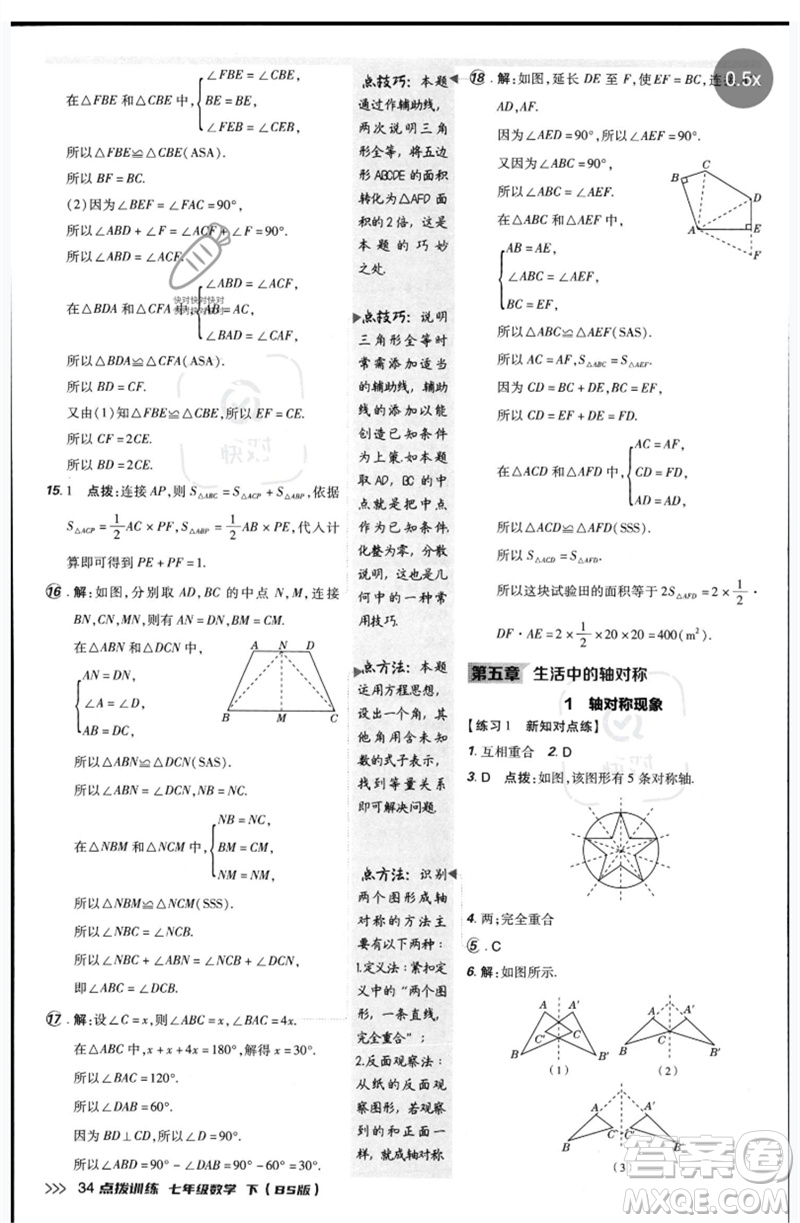 安徽教育出版社2023點撥訓(xùn)練七年級數(shù)學(xué)下冊北師大版參考答案