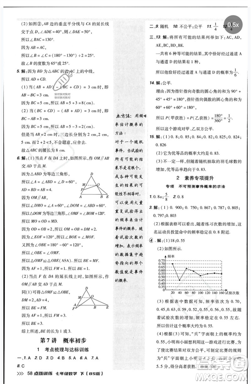 安徽教育出版社2023點撥訓(xùn)練七年級數(shù)學(xué)下冊北師大版參考答案