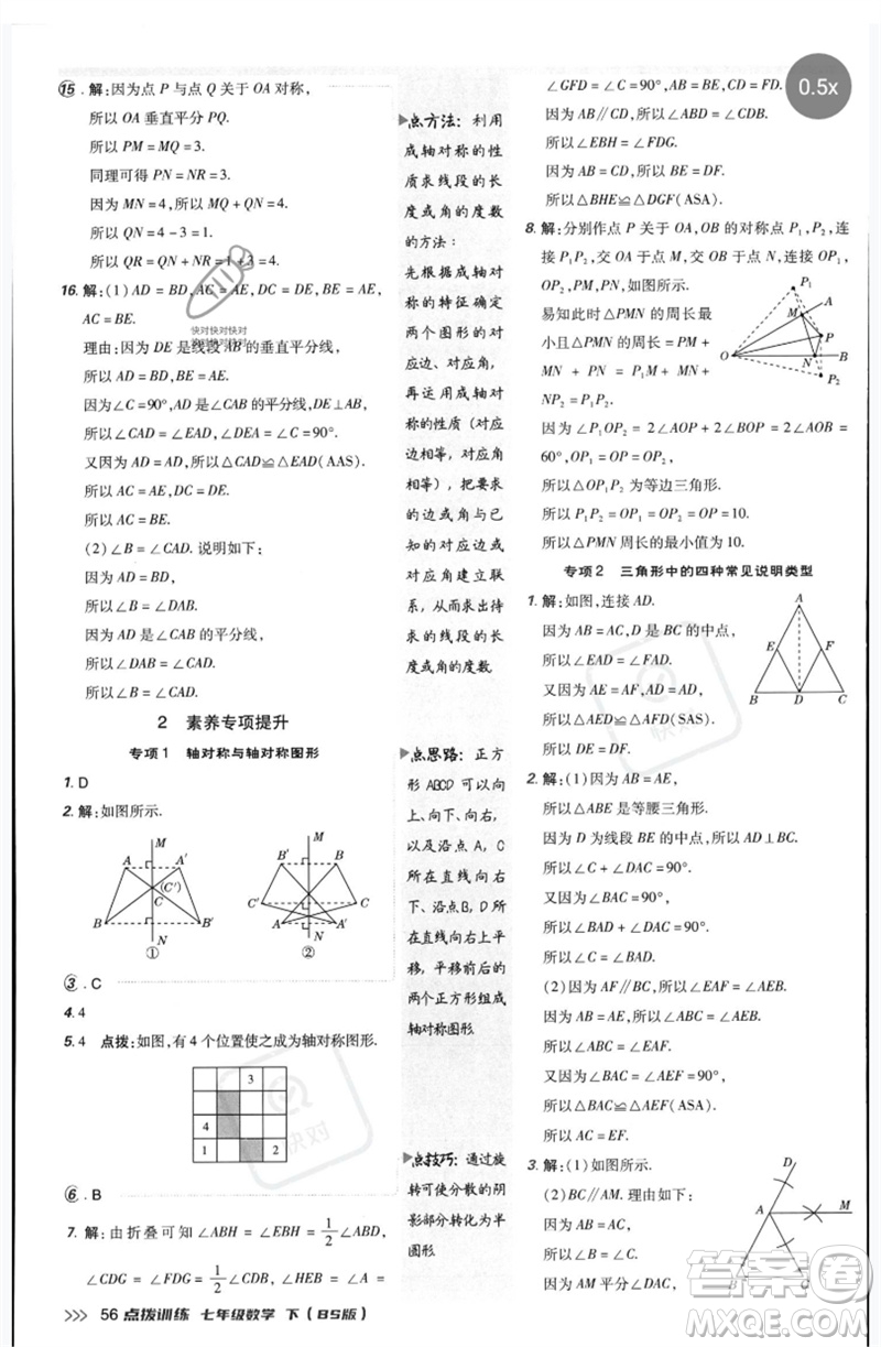 安徽教育出版社2023點撥訓(xùn)練七年級數(shù)學(xué)下冊北師大版參考答案