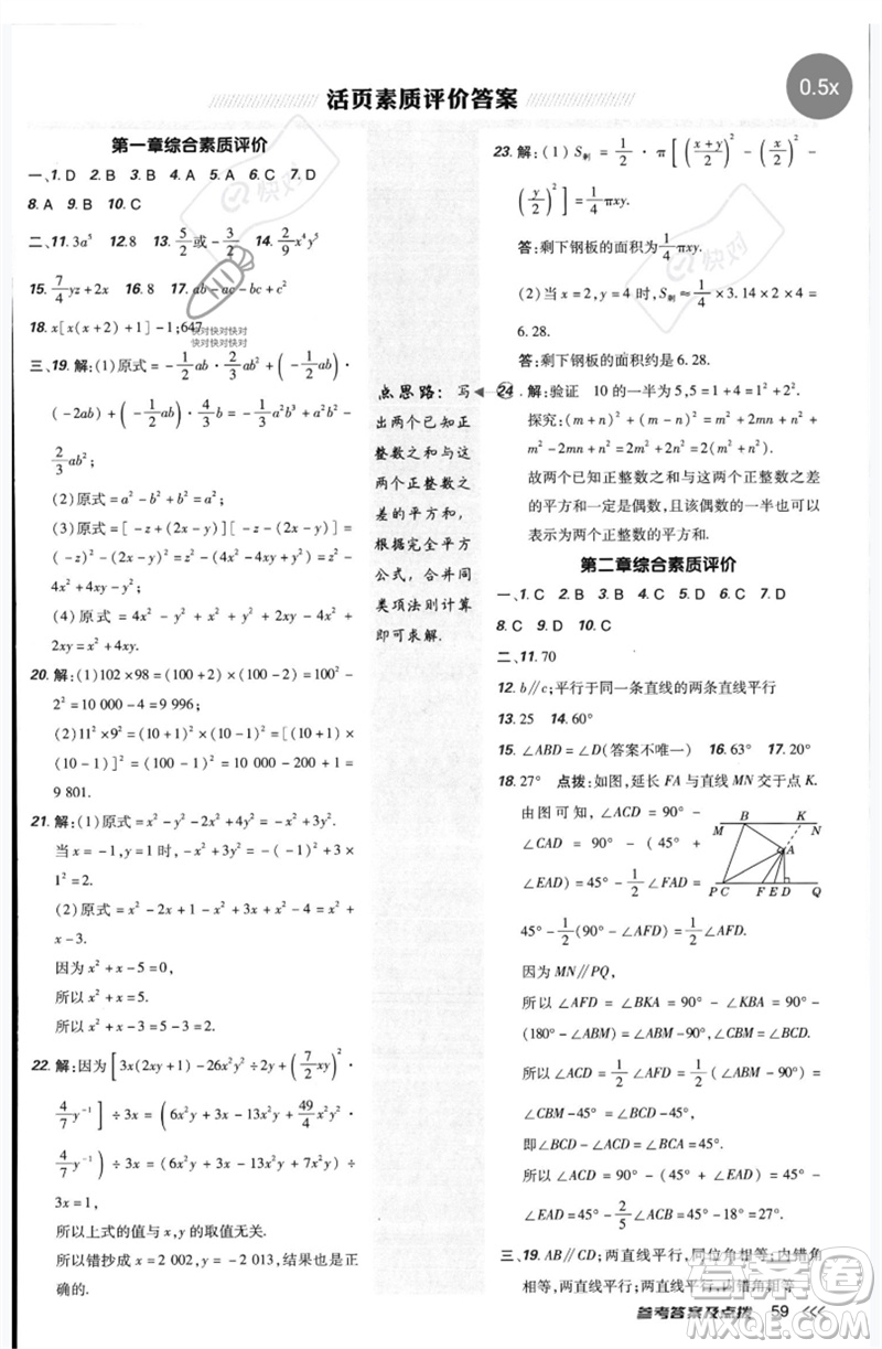 安徽教育出版社2023點撥訓(xùn)練七年級數(shù)學(xué)下冊北師大版參考答案