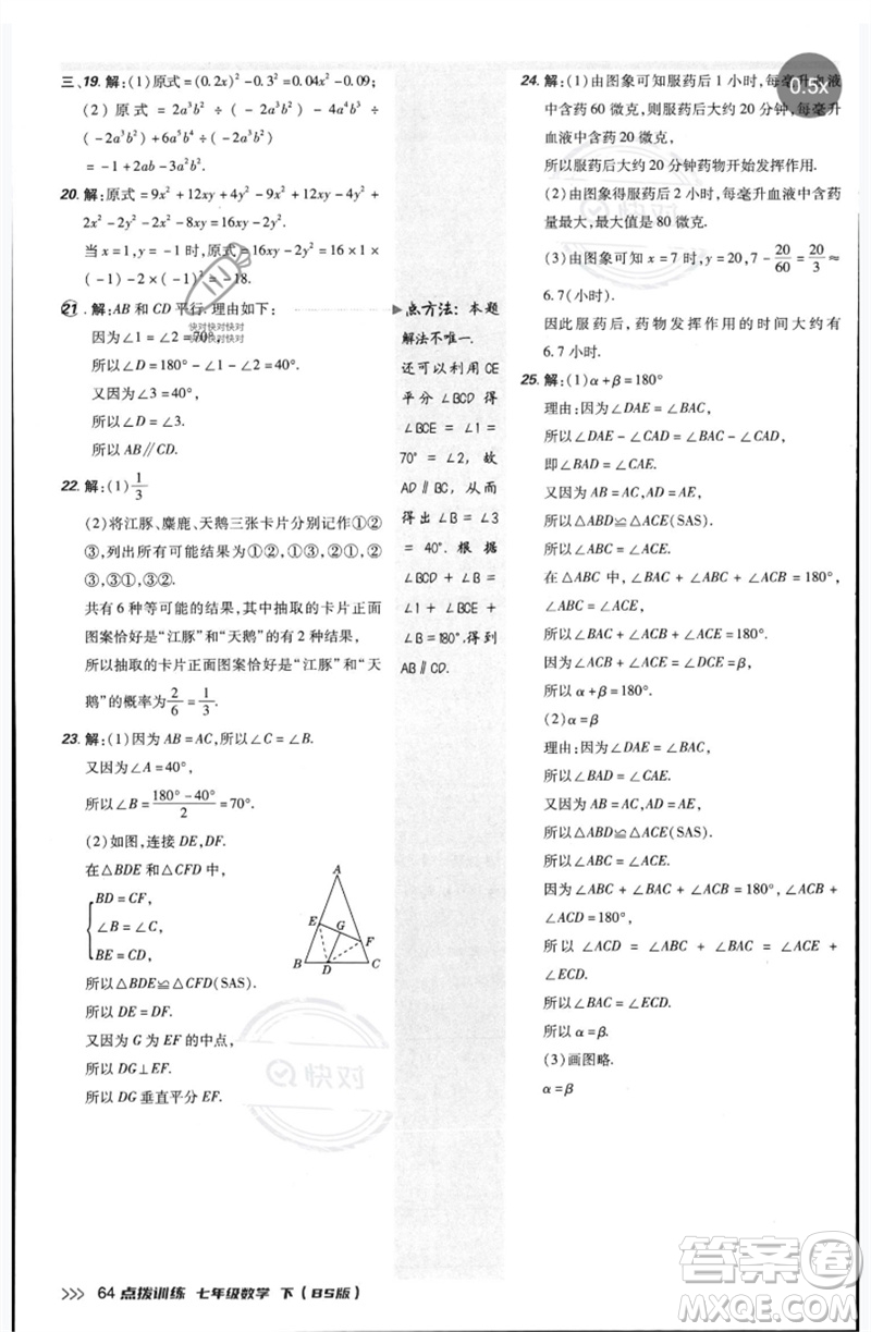 安徽教育出版社2023點撥訓(xùn)練七年級數(shù)學(xué)下冊北師大版參考答案