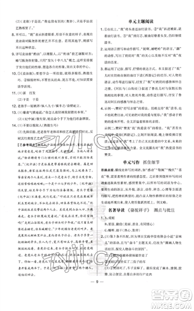 山西教育出版社2023點(diǎn)撥訓(xùn)練七年級(jí)語文下冊(cè)人教版河南專版參考答案