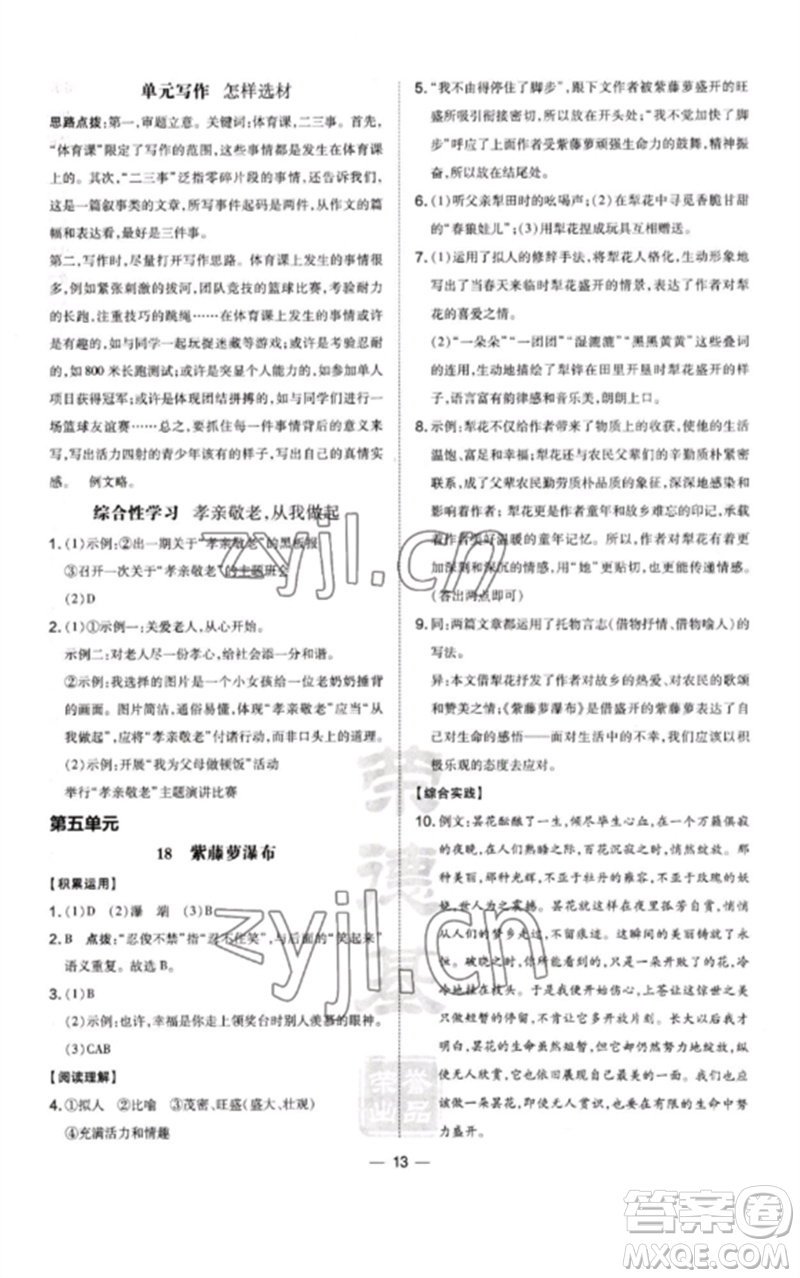 山西教育出版社2023點(diǎn)撥訓(xùn)練七年級(jí)語文下冊(cè)人教版河南專版參考答案