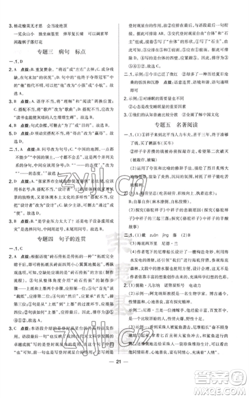 山西教育出版社2023點(diǎn)撥訓(xùn)練七年級(jí)語文下冊(cè)人教版河南專版參考答案