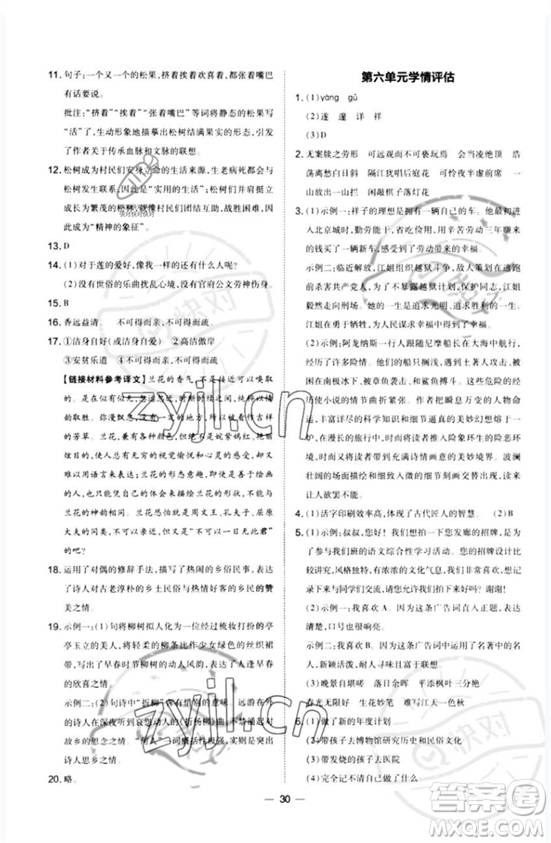 山西教育出版社2023點(diǎn)撥訓(xùn)練七年級(jí)語文下冊(cè)人教版河南專版參考答案