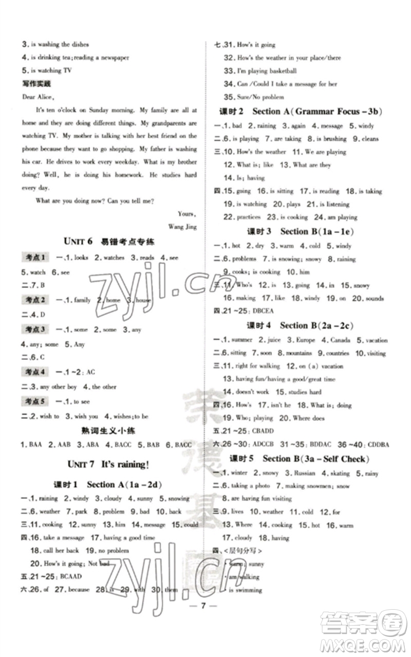 安徽教育出版社2023點(diǎn)撥訓(xùn)練七年級(jí)英語(yǔ)下冊(cè)人教版河南專(zhuān)版參考答案