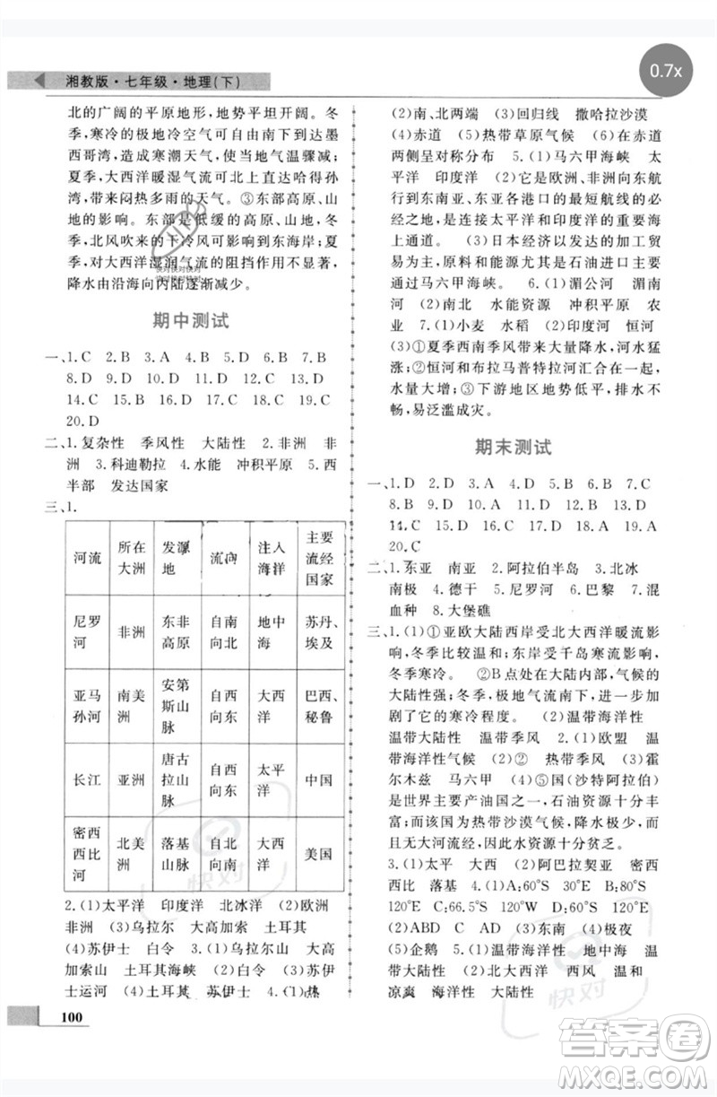 甘肅教育出版社2023名師點撥配套練習(xí)課時作業(yè)七年級地理下冊湘教版參考答案