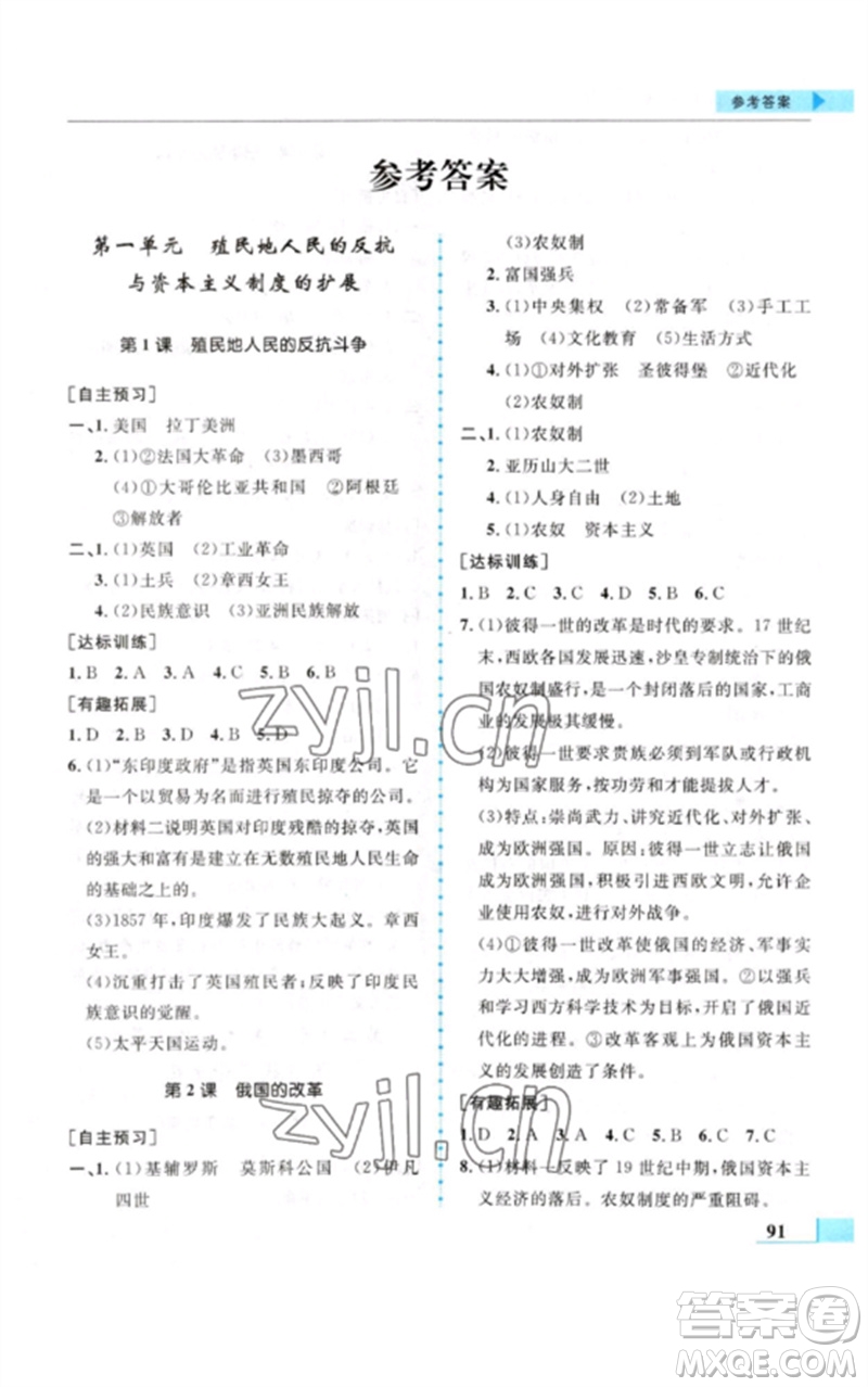 甘肅教育出版社2023名師點撥配套練習(xí)課時作業(yè)九年級歷史下冊人教版參考答案