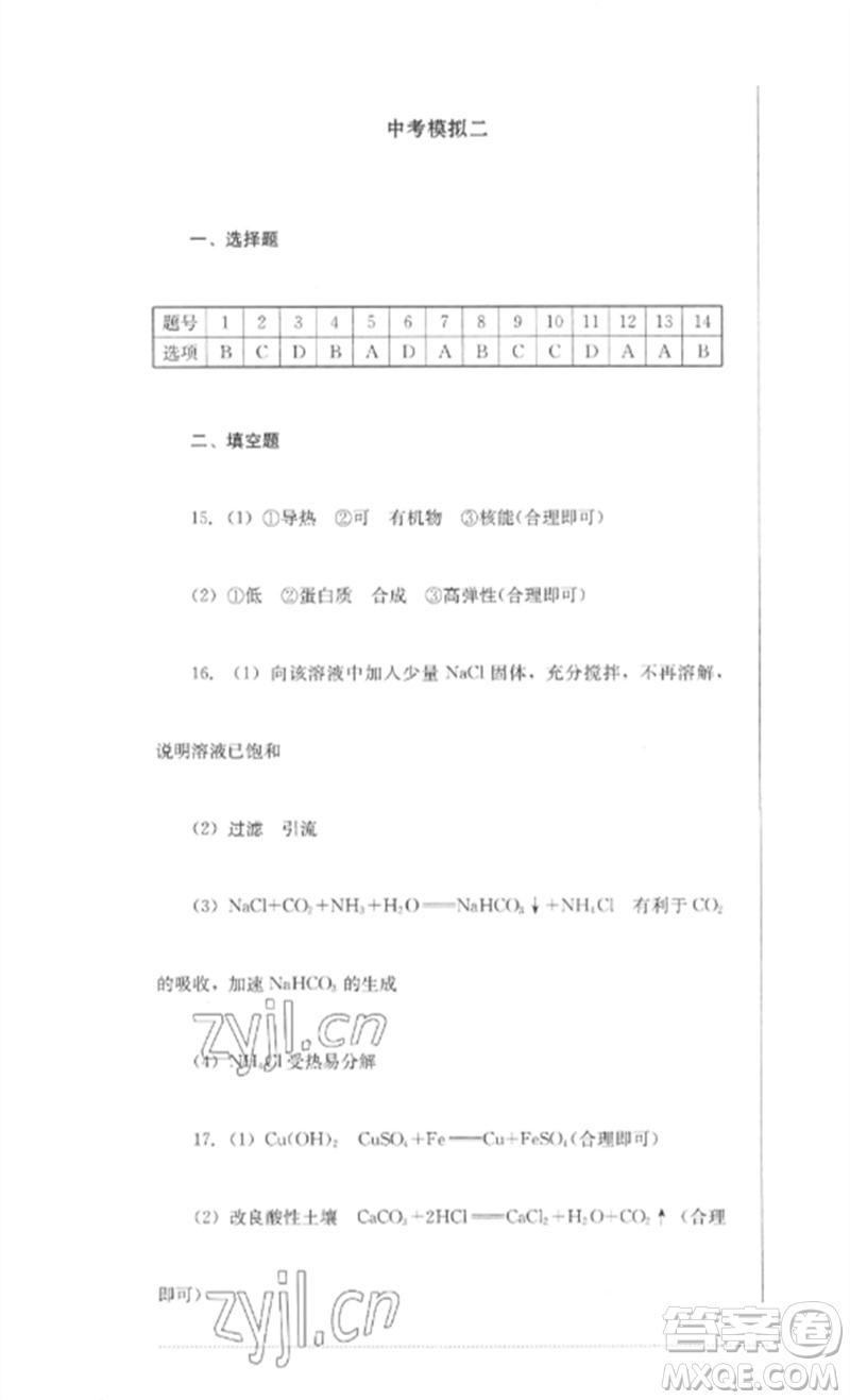 四川教育出版社2023學(xué)情點(diǎn)評(píng)九年級(jí)化學(xué)下冊(cè)人教版參考答案