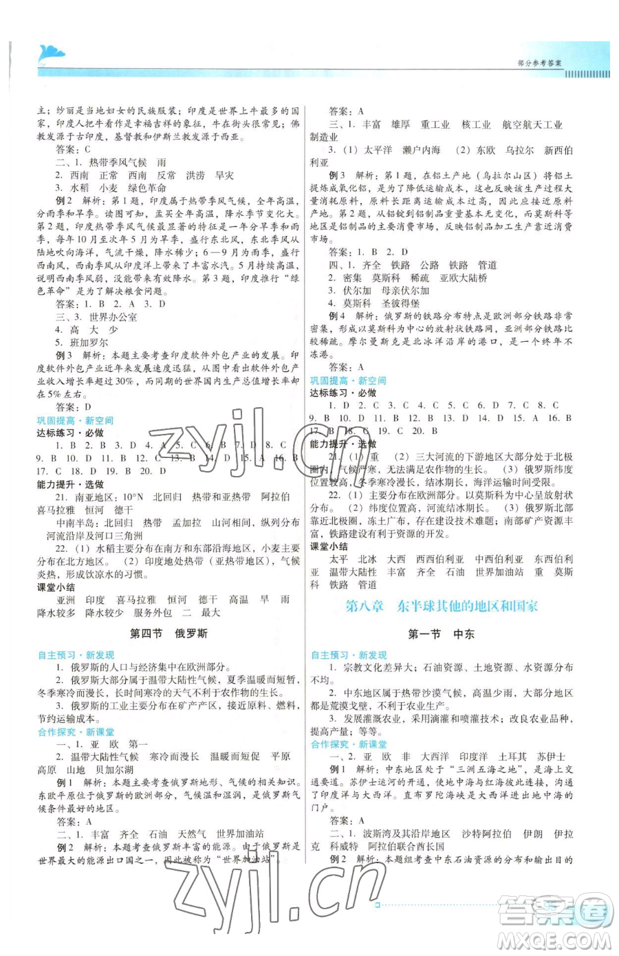 廣東教育出版社2023南方新課堂金牌學案七年級下冊地理人教版參考答案