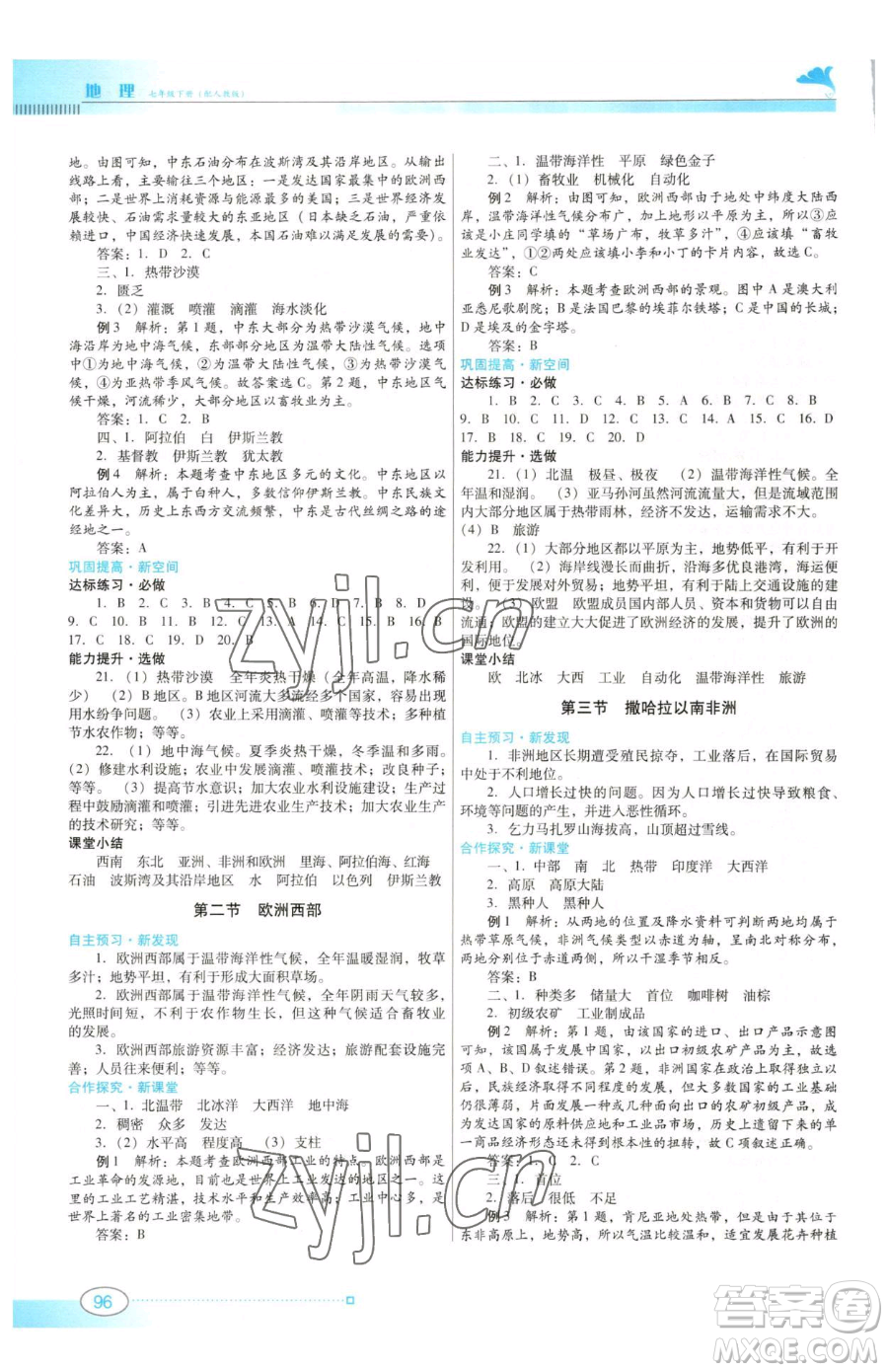 廣東教育出版社2023南方新課堂金牌學案七年級下冊地理人教版參考答案