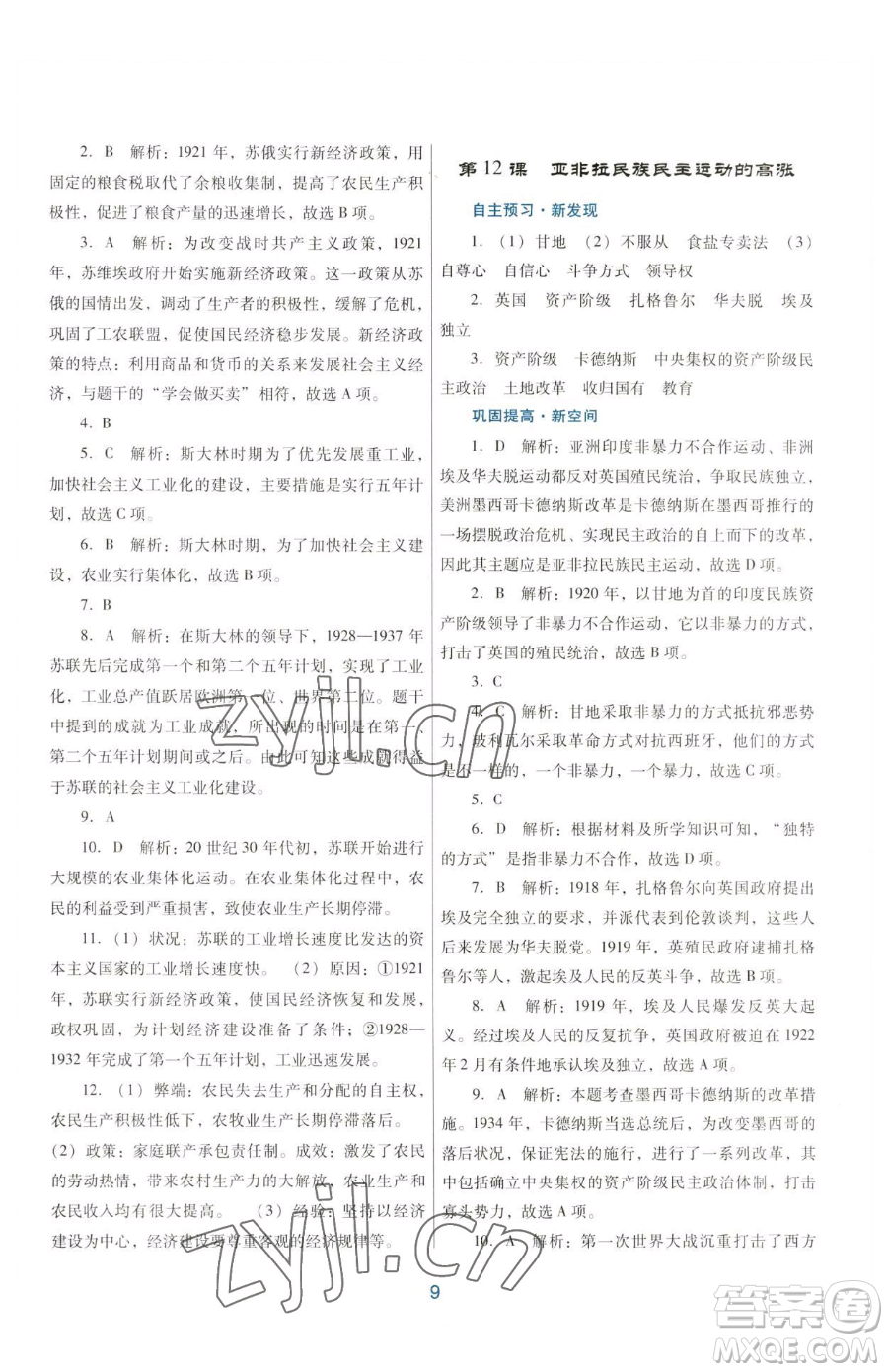 廣東教育出版社2023南方新課堂金牌學(xué)案九年級(jí)下冊(cè)歷史人教版參考答案