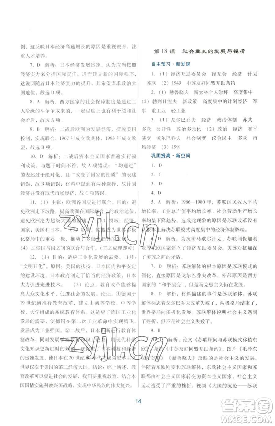 廣東教育出版社2023南方新課堂金牌學(xué)案九年級(jí)下冊(cè)歷史人教版參考答案