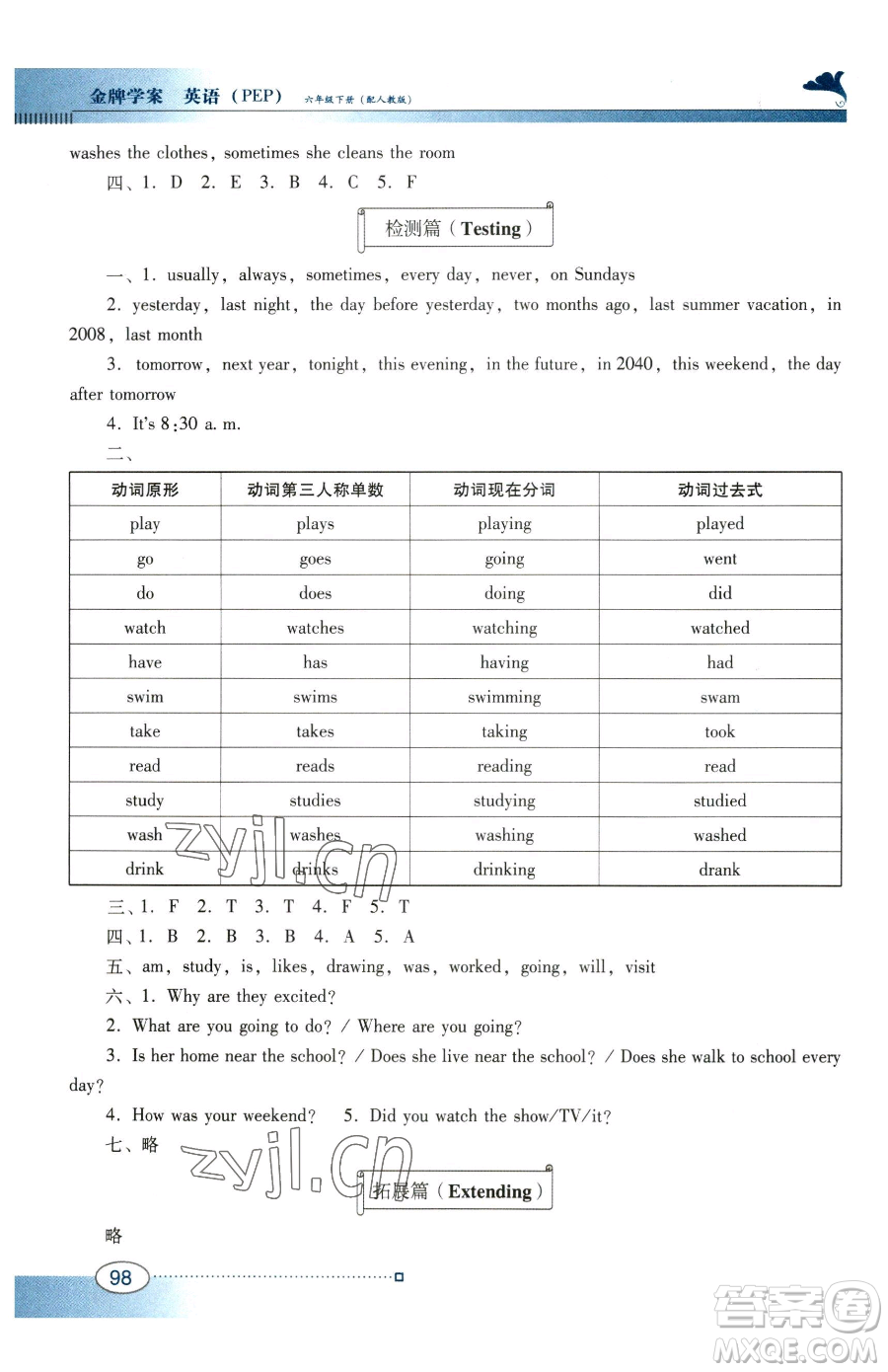 廣東教育出版社2023南方新課堂金牌學案六年級下冊英語人教PEP版參考答案