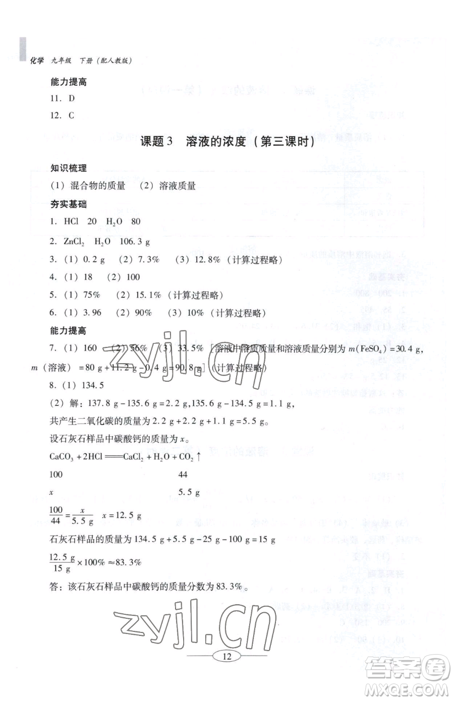 廣東教育出版社2023南方新課堂金牌學(xué)案九年級(jí)下冊(cè)化學(xué)人教版珠海專版參考答案